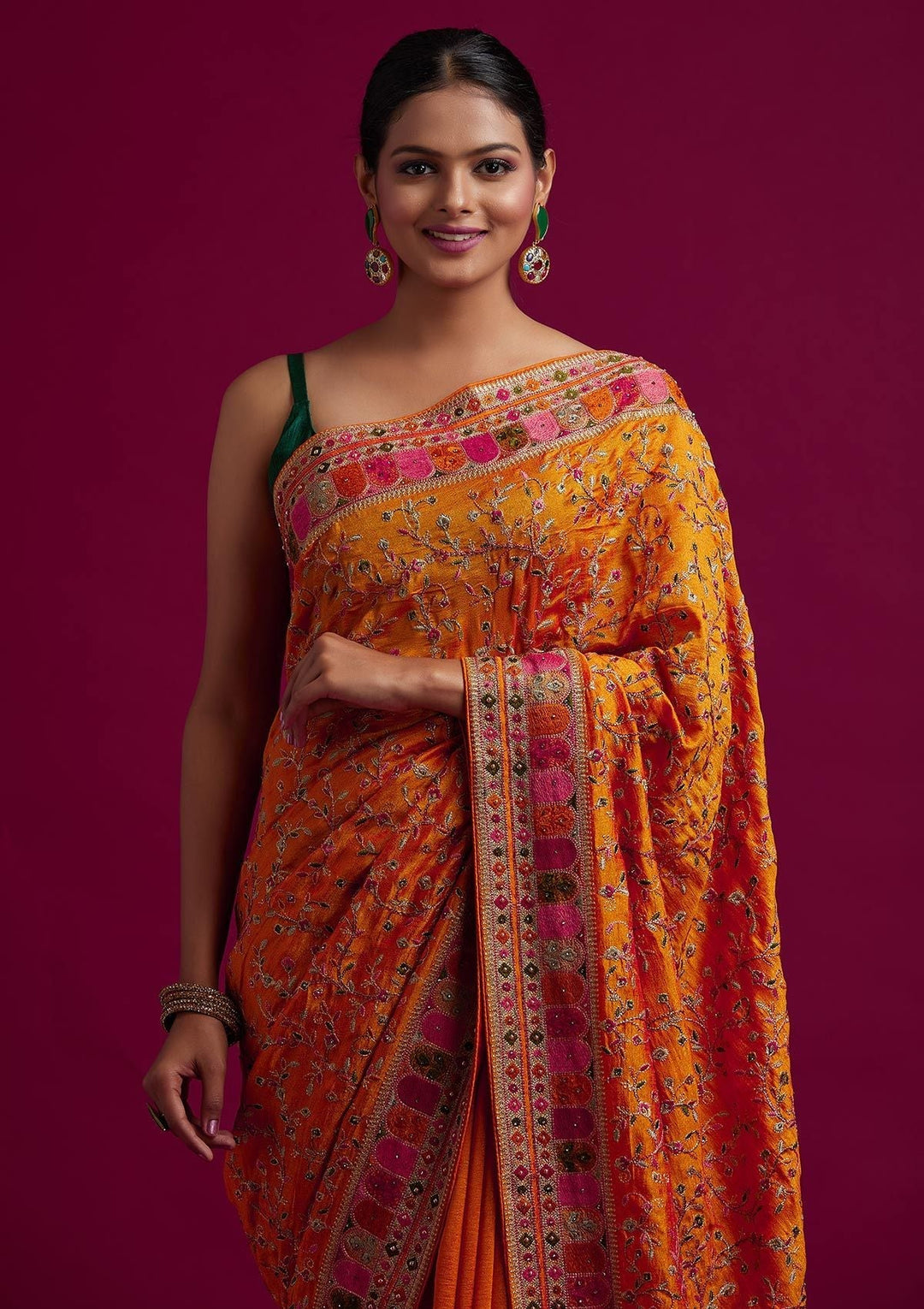 Orange Zariwork Art Silk Designer Saree - koskii