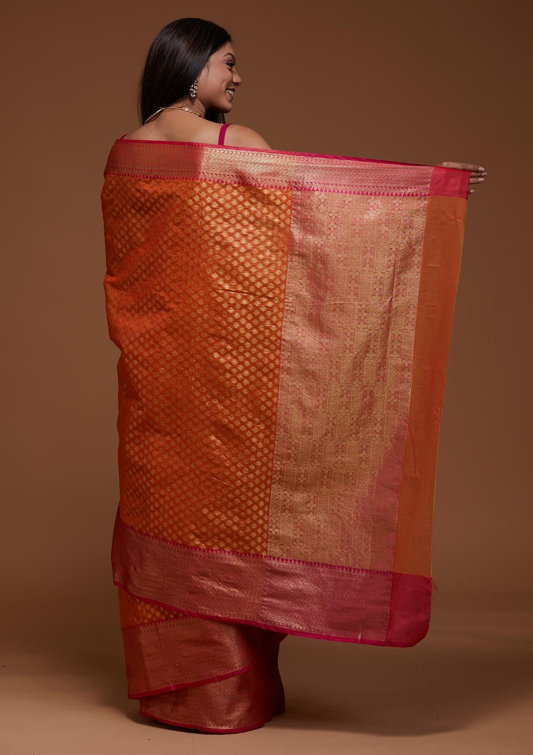 Orange Zariwork Art Silk Saree-Koskii