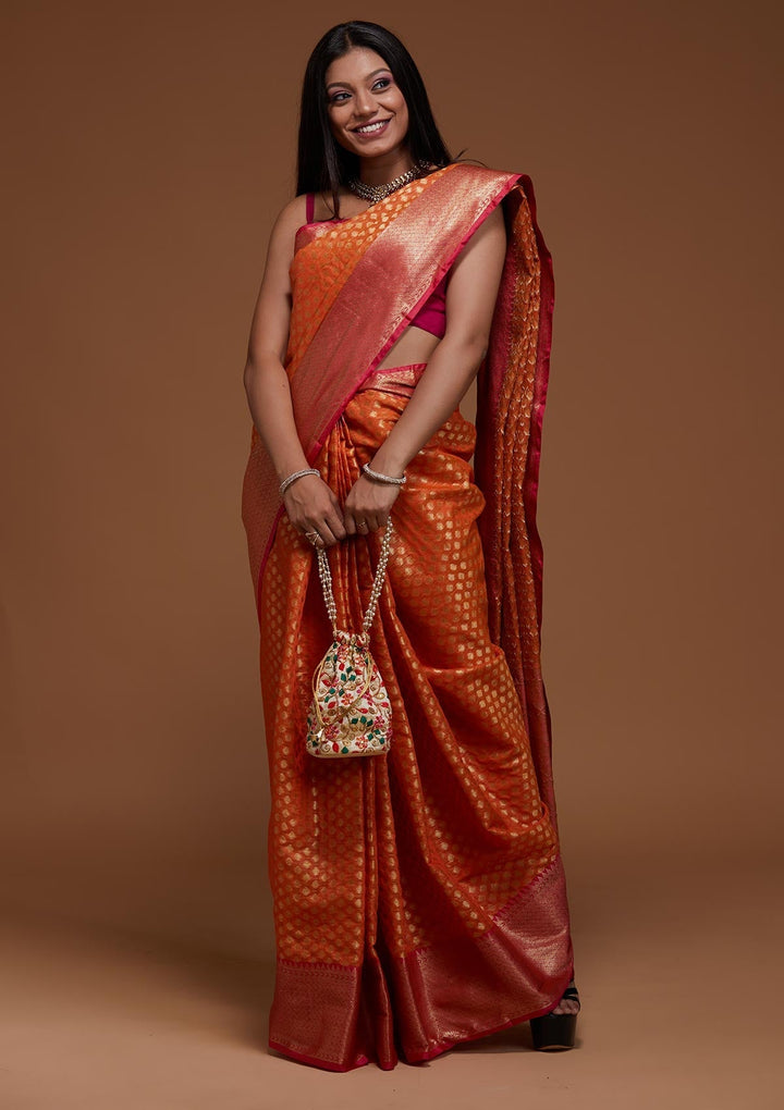 Orange Zariwork Art Silk Saree-Koskii