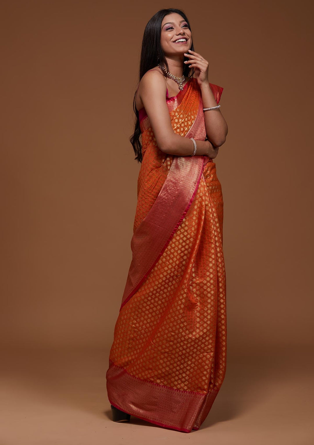 Orange Zariwork Art Silk Saree-Koskii
