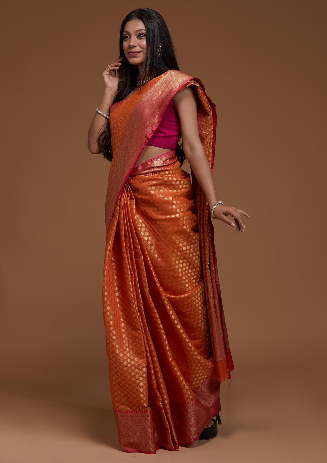 Orange Zariwork Art Silk Saree-Koskii