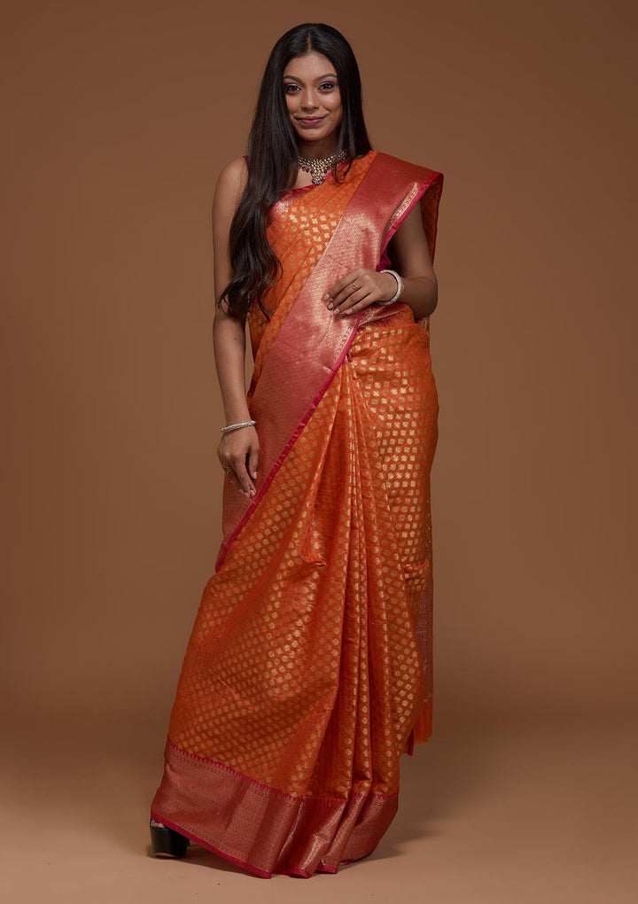 Orange Zariwork Art Silk Saree-Koskii