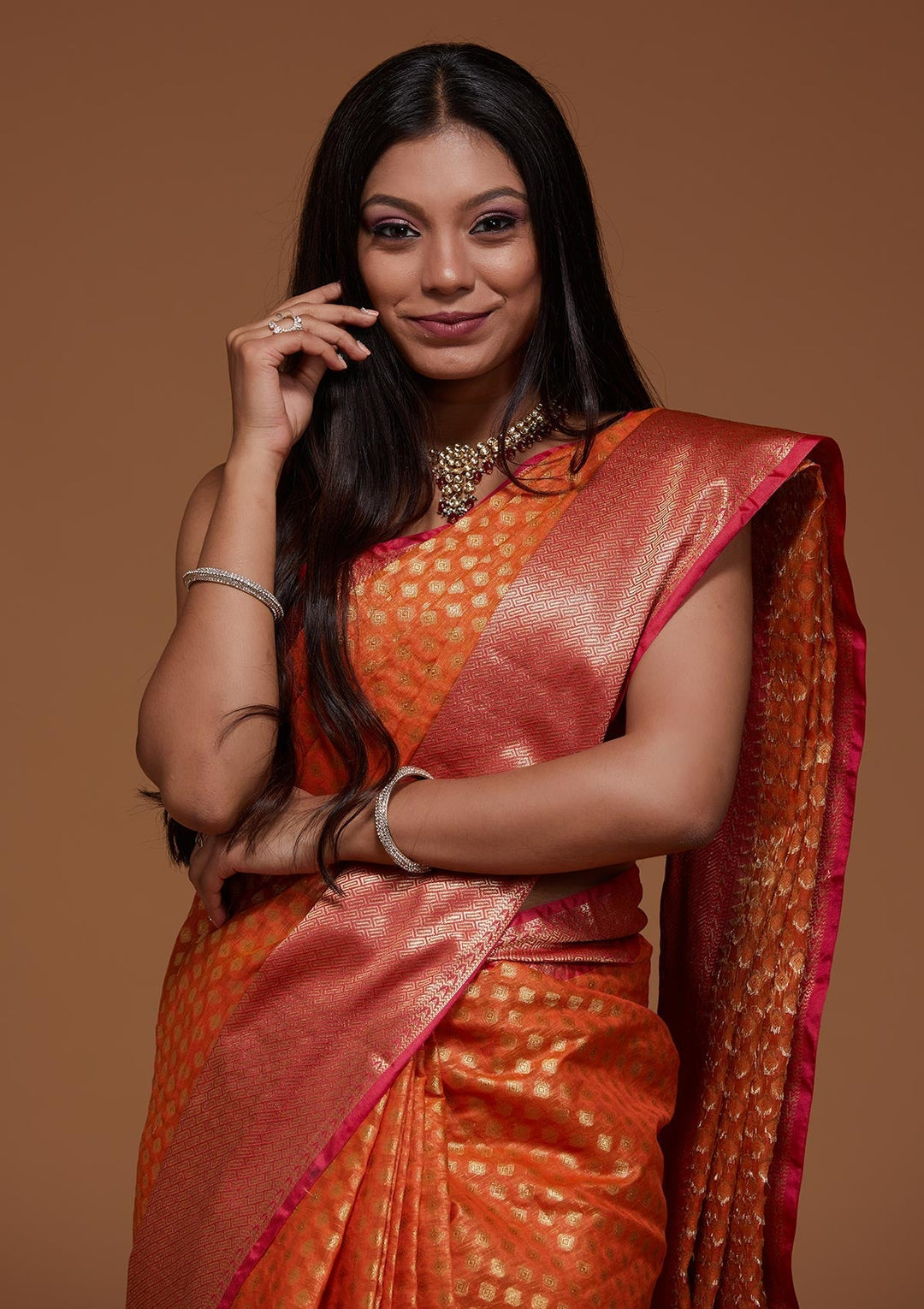 Orange Zariwork Art Silk Saree-Koskii