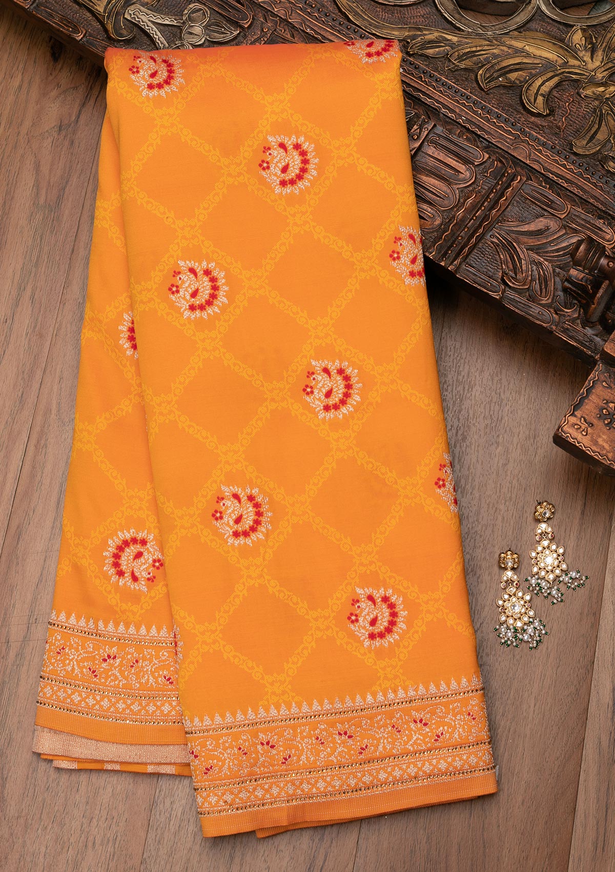 Orange Zariwork Art Silk Saree-Koskii