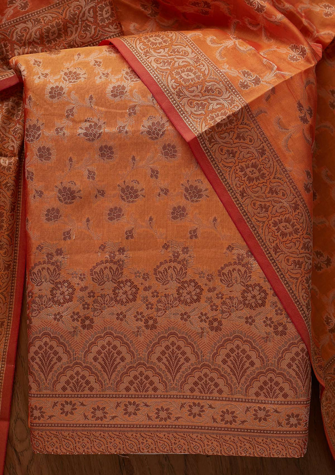 Orange Zariwork Banarasi Designer Unstitched Salwar Suit - koskii