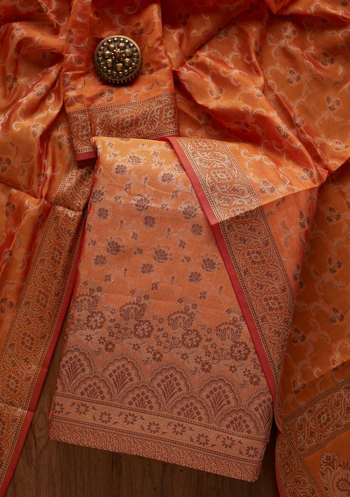 Orange Zariwork Banarasi Designer Unstitched Salwar Suit - koskii
