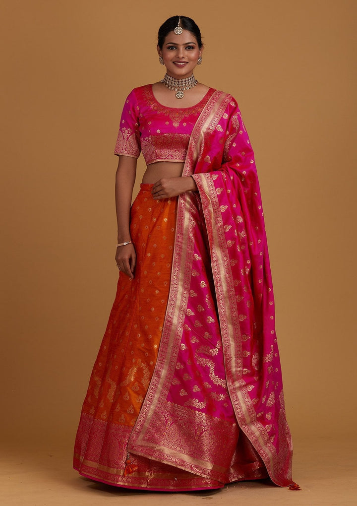 Orange Zariwork Brocade Designer Semi-Stitched Lehenga - Koskii