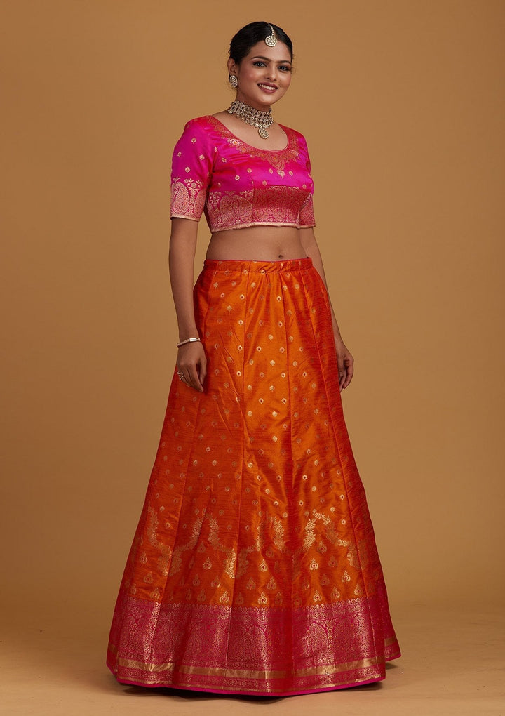 Orange Zariwork Brocade Designer Semi-Stitched Lehenga - Koskii