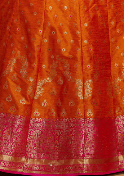Orange Zariwork Brocade Designer Semi-Stitched Lehenga - Koskii