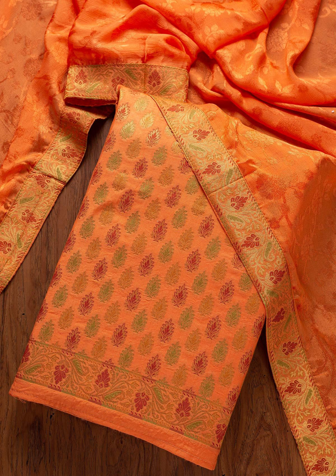 Orange Zariwork Brocade Designer Unstitched Salwar Suit - koskii