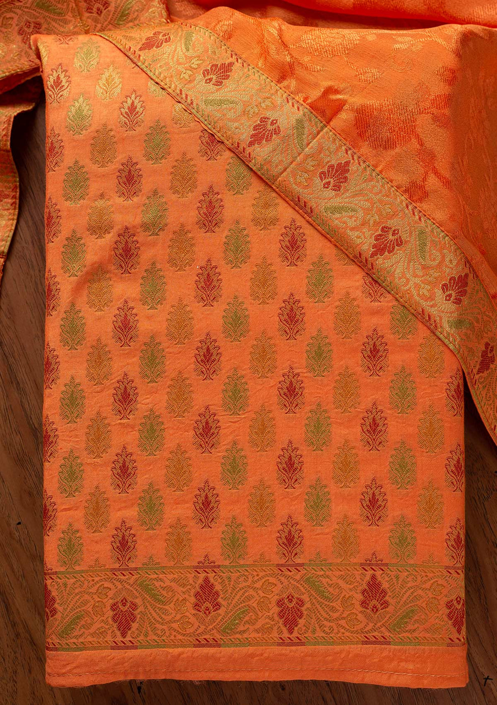 Orange Zariwork Brocade Designer Unstitched Salwar Suit - koskii