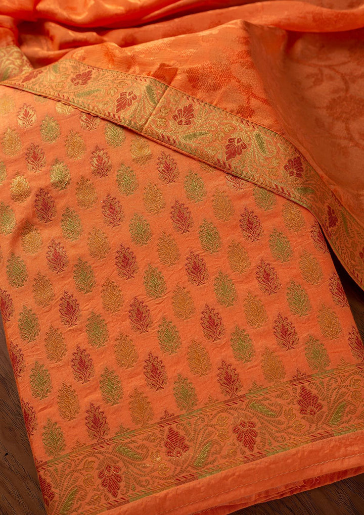 Orange Zariwork Brocade Designer Unstitched Salwar Suit - koskii