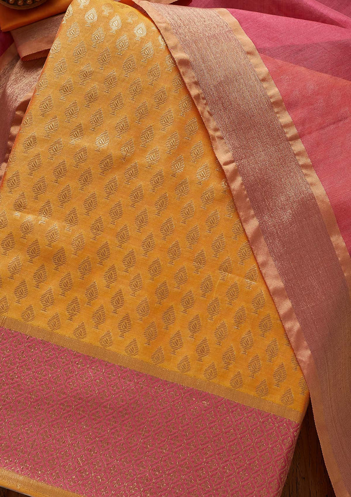 Orange Zariwork Brocade Designer Unstitched Salwar Suit - Koskii