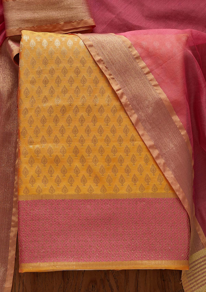 Orange Zariwork Brocade Designer Unstitched Salwar Suit - Koskii