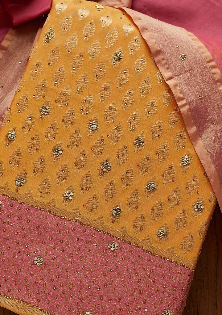 Orange Zariwork Brocade Designer Unstitched Salwar Suit - Koskii