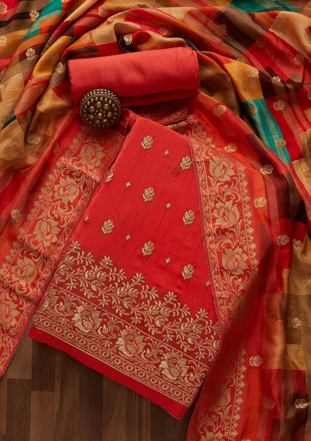 Orange Zariwork Chanderi Designer Unstitched Salwar Suit - Koskii
