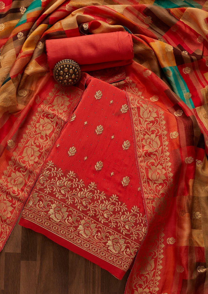 Orange Zariwork Chanderi Designer Unstitched Salwar Suit - Koskii