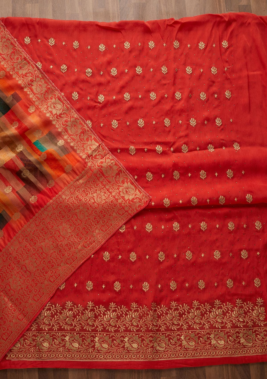 Orange Zariwork Chanderi Designer Unstitched Salwar Suit - Koskii