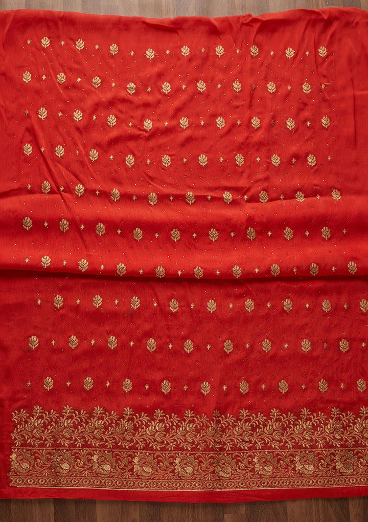 Orange Zariwork Chanderi Designer Unstitched Salwar Suit - Koskii