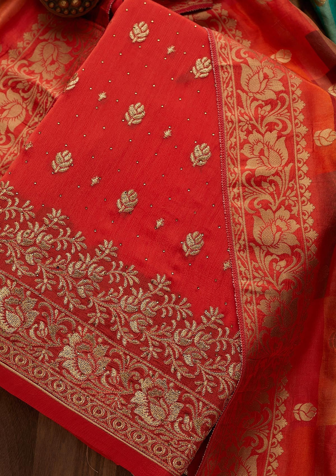 Orange Zariwork Chanderi Designer Unstitched Salwar Suit - Koskii
