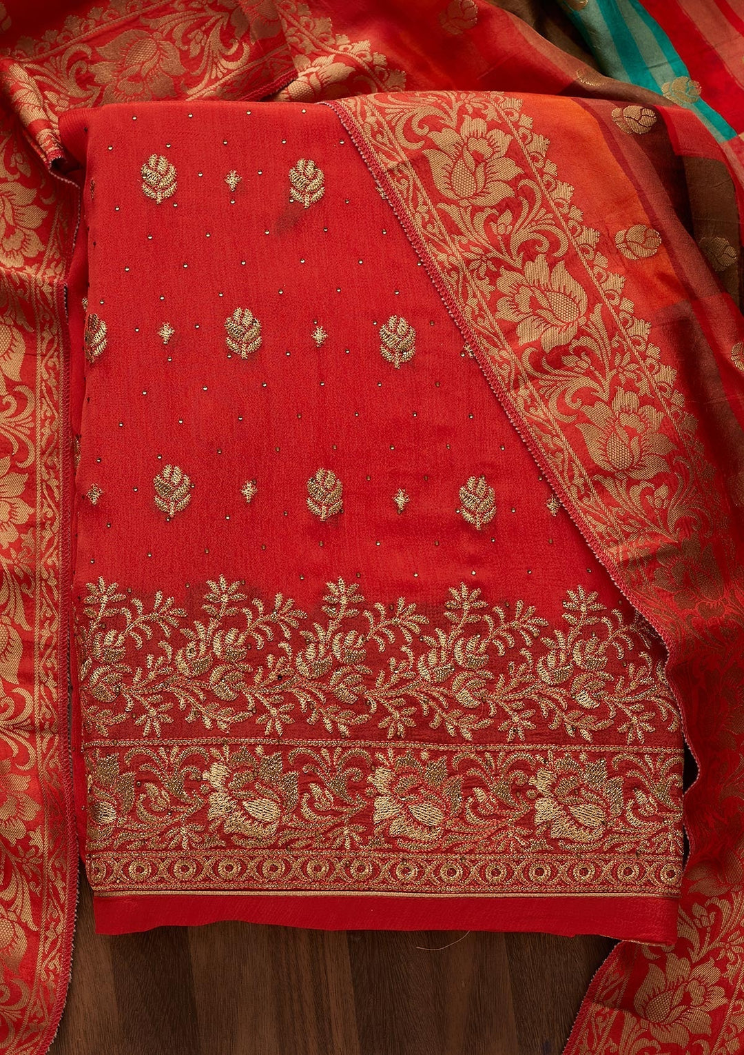 Orange Zariwork Chanderi Designer Unstitched Salwar Suit - Koskii
