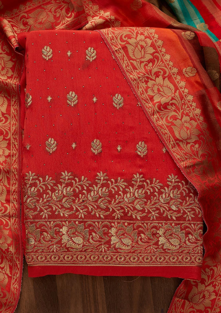Orange Zariwork Chanderi Designer Unstitched Salwar Suit - Koskii