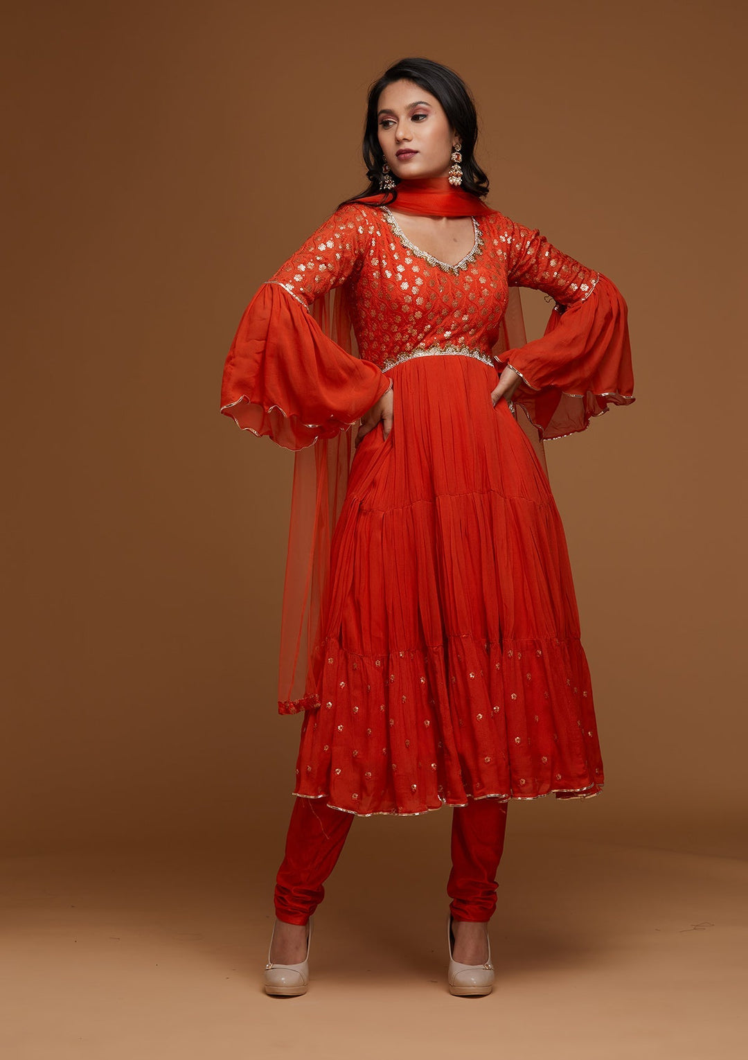 Orange Zariwork Georgette Designer Salwar Suit - Koskii