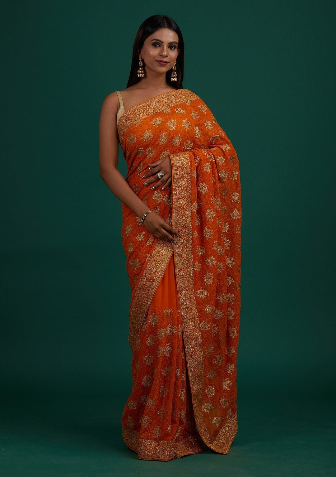 Orange Zariwork Georgette Designer Saree - Koskii