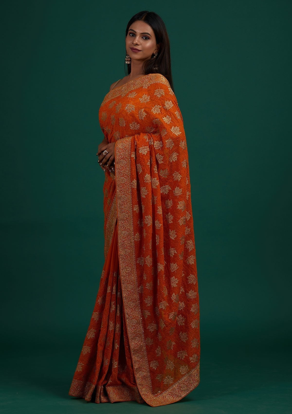 Orange Zariwork Georgette Designer Saree - Koskii