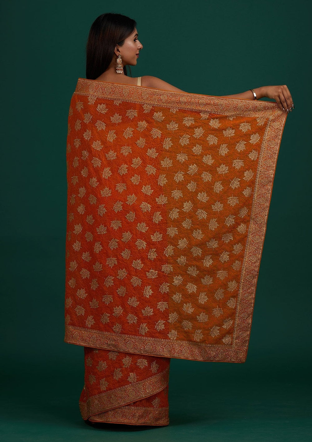 Orange Zariwork Georgette Designer Saree - Koskii