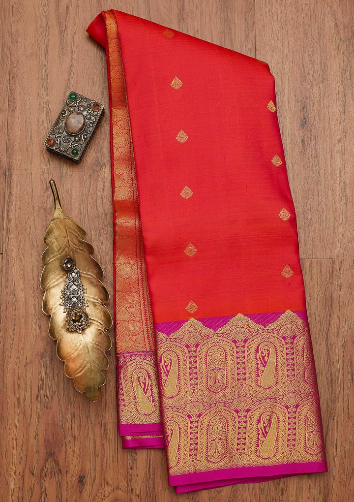 Orange Zariwork Pure Silk Designer Saree - koskii