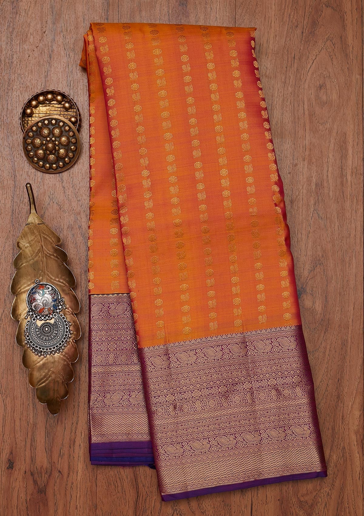 Orange Zariwork Pure Silk Designer Unstitched Saree - Koskii