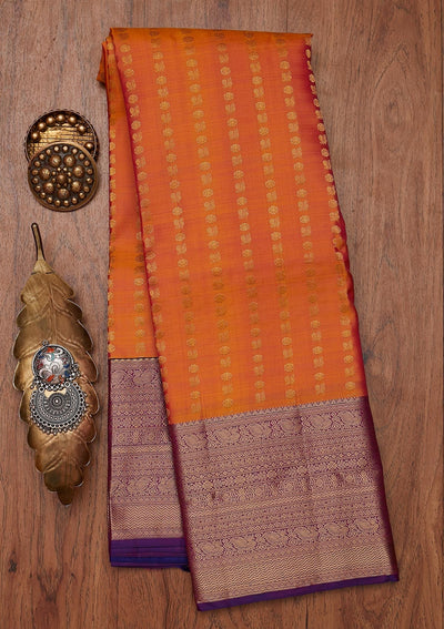 Orange Zariwork Pure Silk Designer Unstitched Saree - Koskii