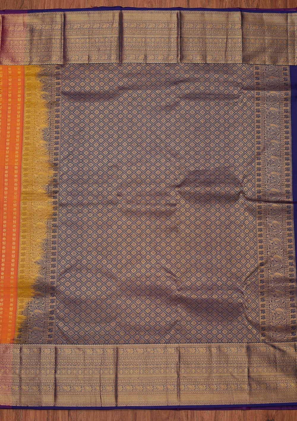 Orange Zariwork Pure Silk Designer Unstitched Saree - Koskii