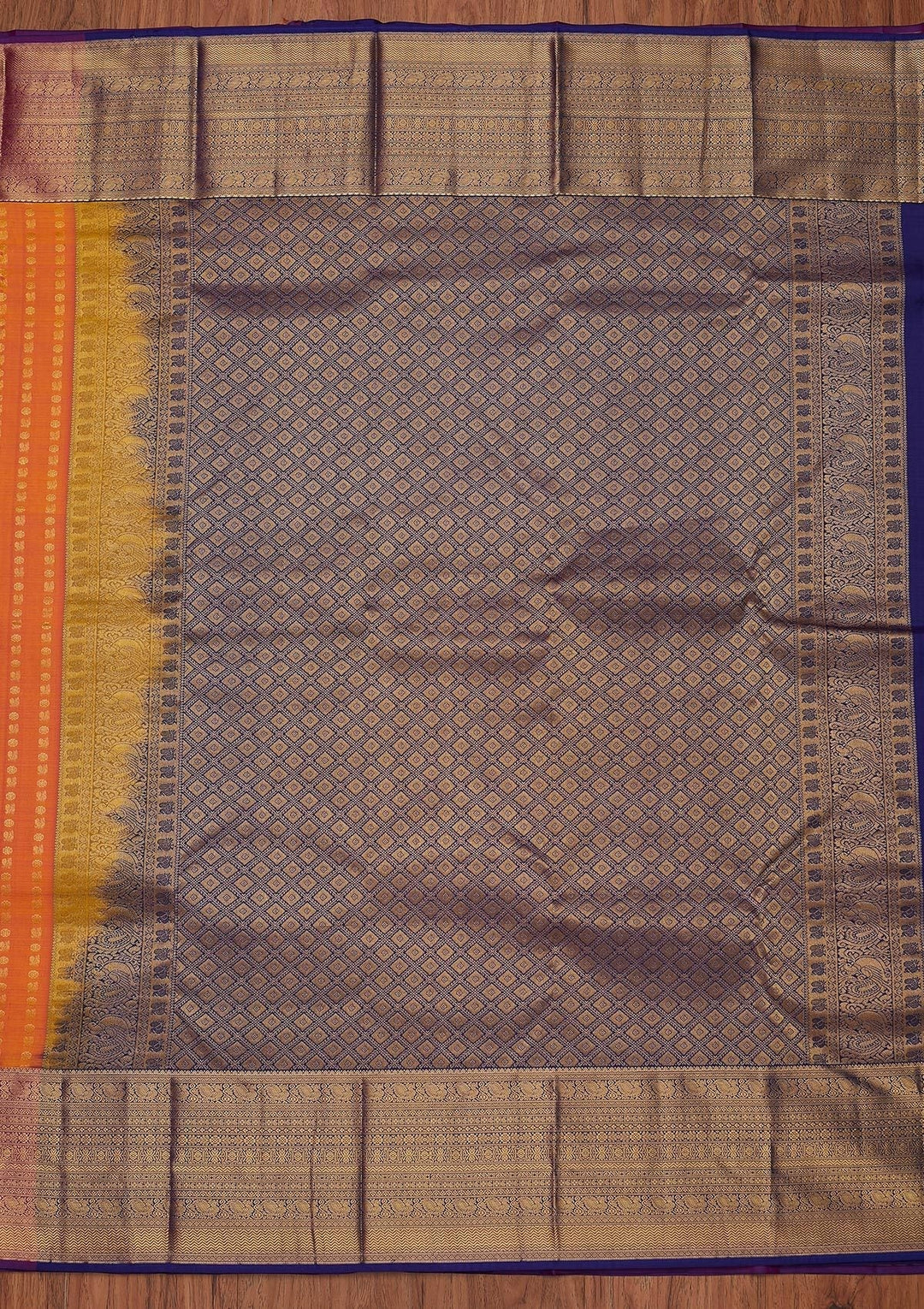 Orange Zariwork Pure Silk Designer Unstitched Saree - Koskii