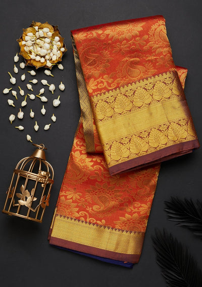 Orange Zariwork Pure Silk Designer Saree - Koskii