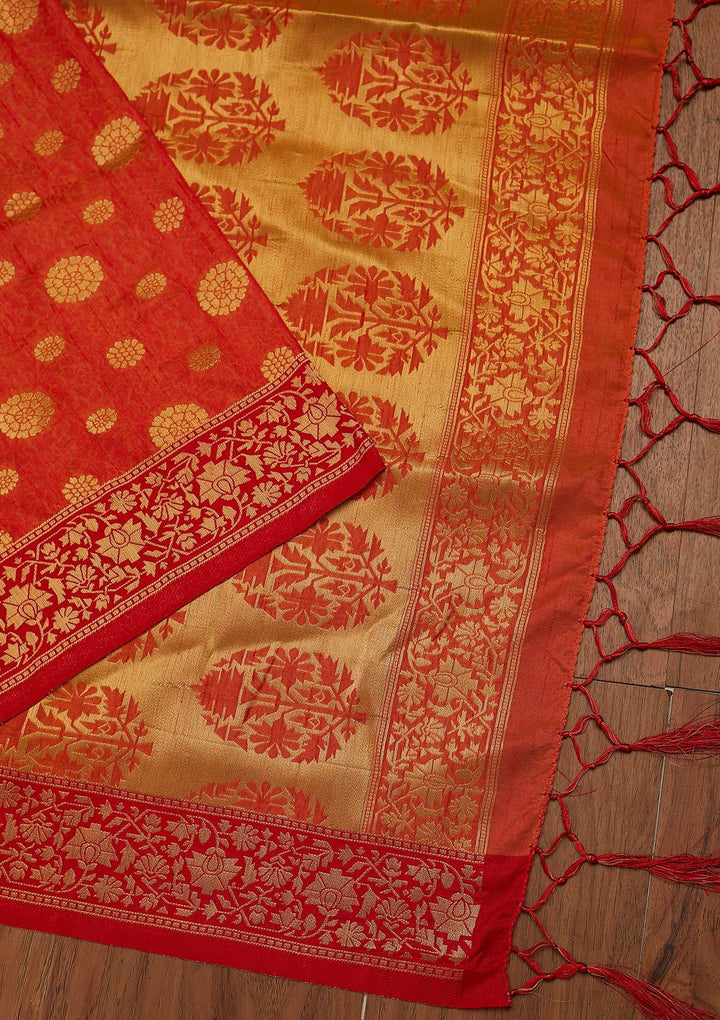 Orange Zariwork Raw Silk Designer Saree - koskii