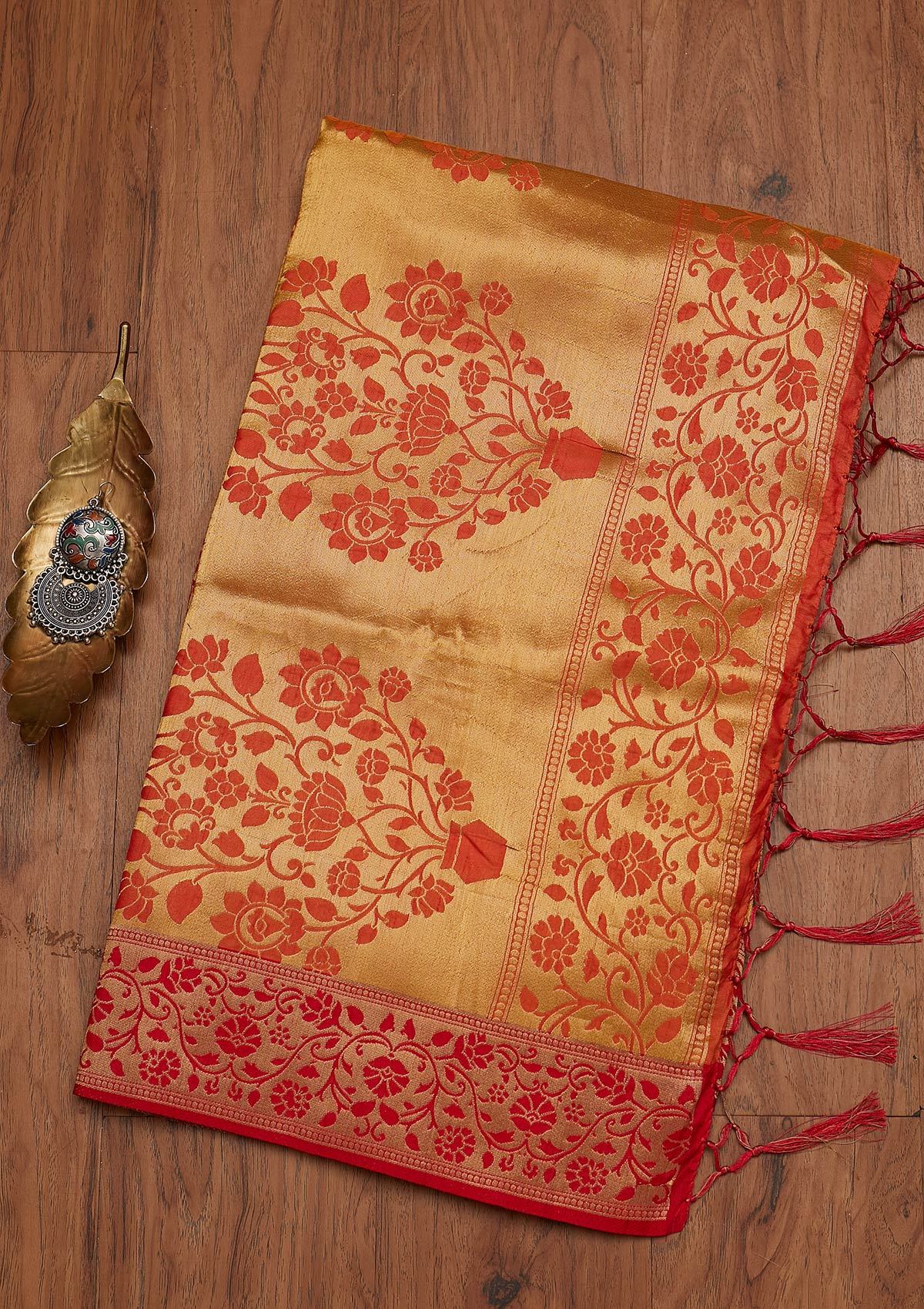 Orange Zariwork Raw Silk Designer Saree - koskii