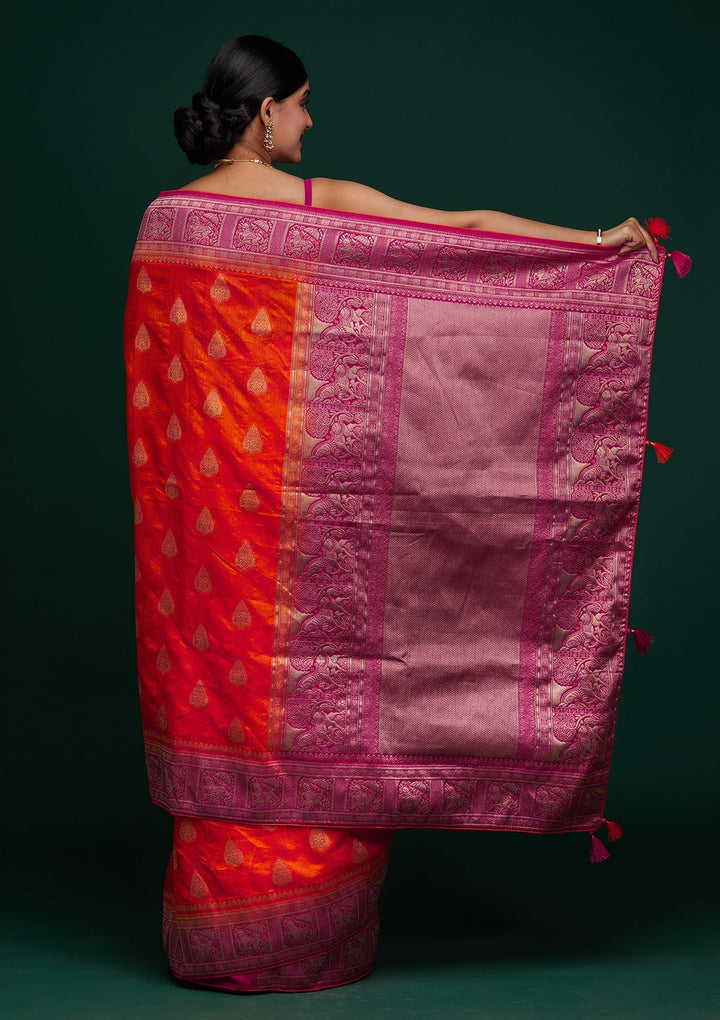Orange Zariwork Raw Silk Designer Saree - Koskii