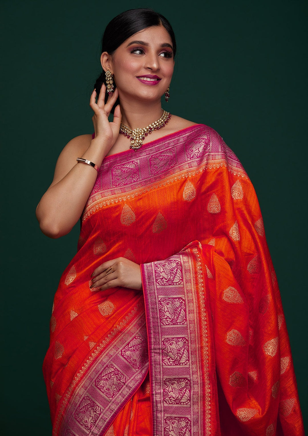 Orange Zariwork Raw Silk Designer Saree - Koskii