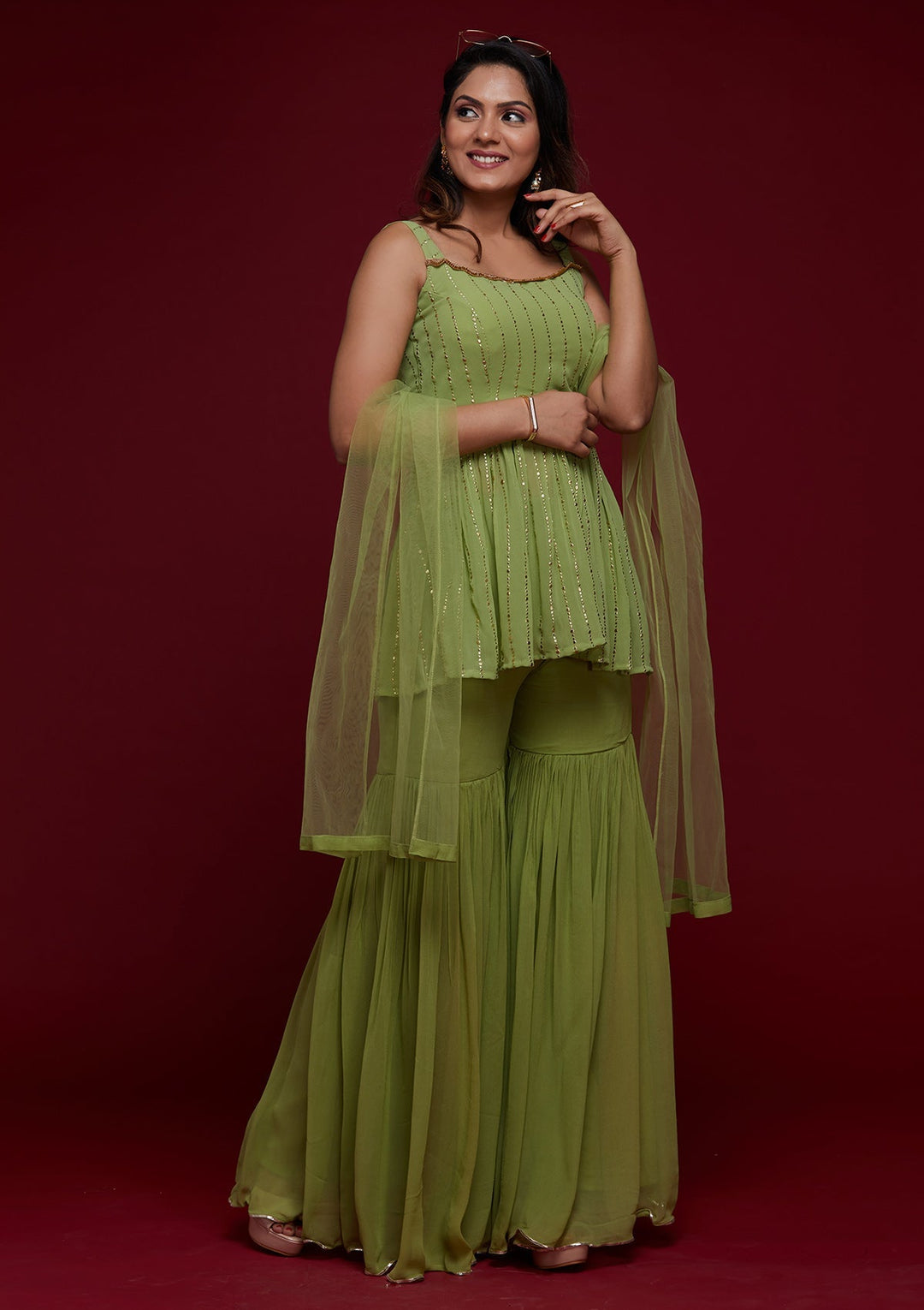 Parrot Green Badla Georgette Designer Salwar Suit - Koskii