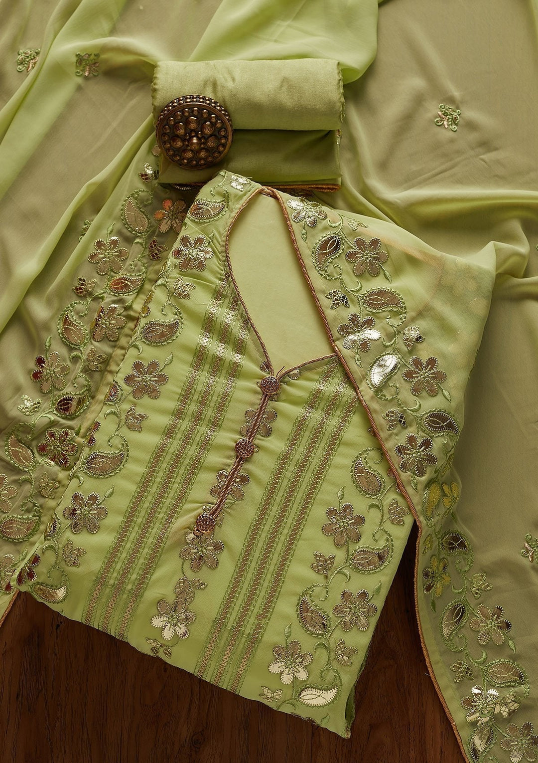 Parrot Green Gotapatti Georgette Designer Unstitched Salwar Suit - koskii
