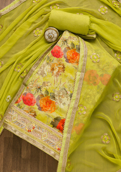Parrot Green Gotapatti Georgette Unstitched Salwar Suit-Koskii