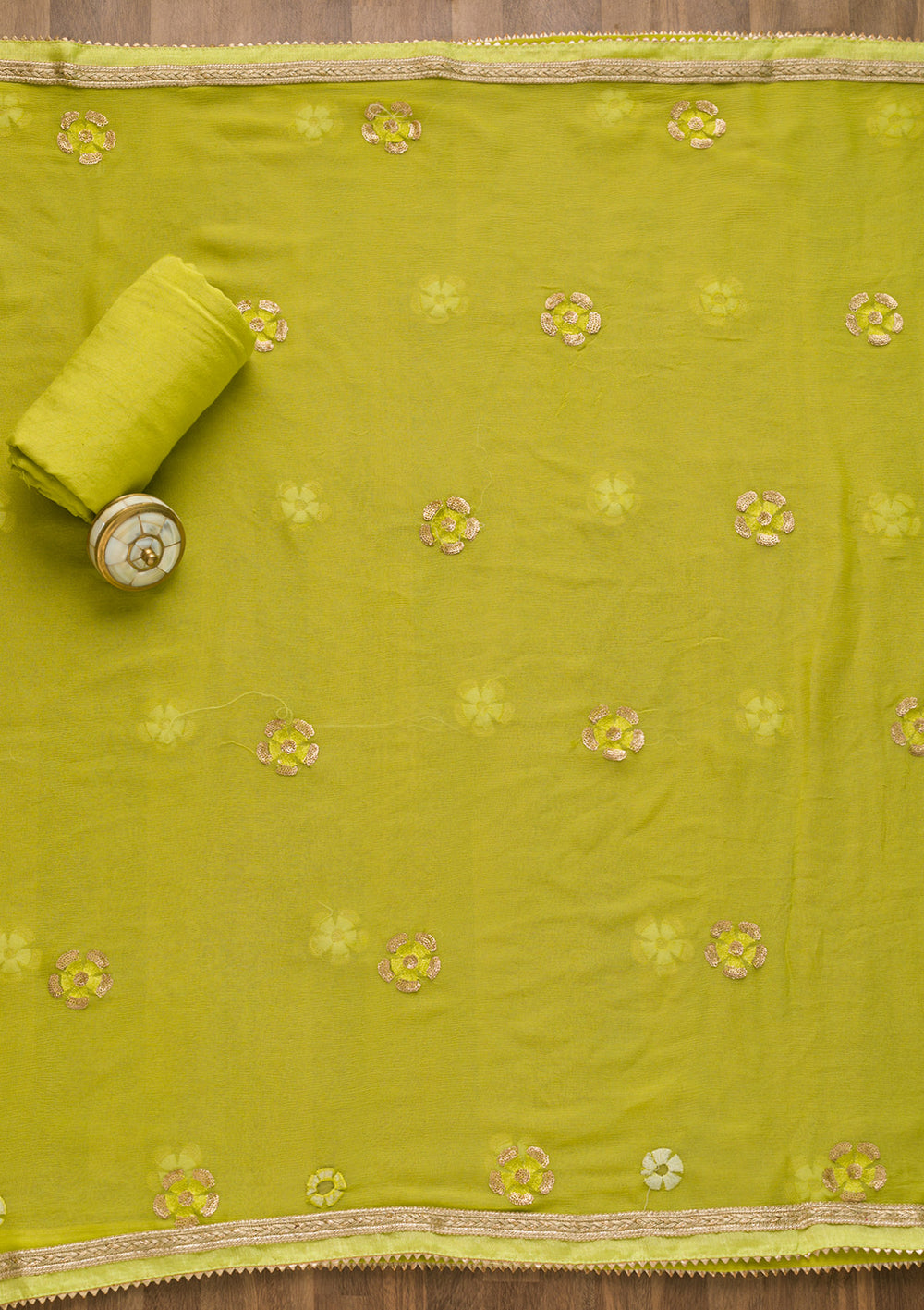 Parrot Green Gotapatti Georgette Unstitched Salwar Suit-Koskii