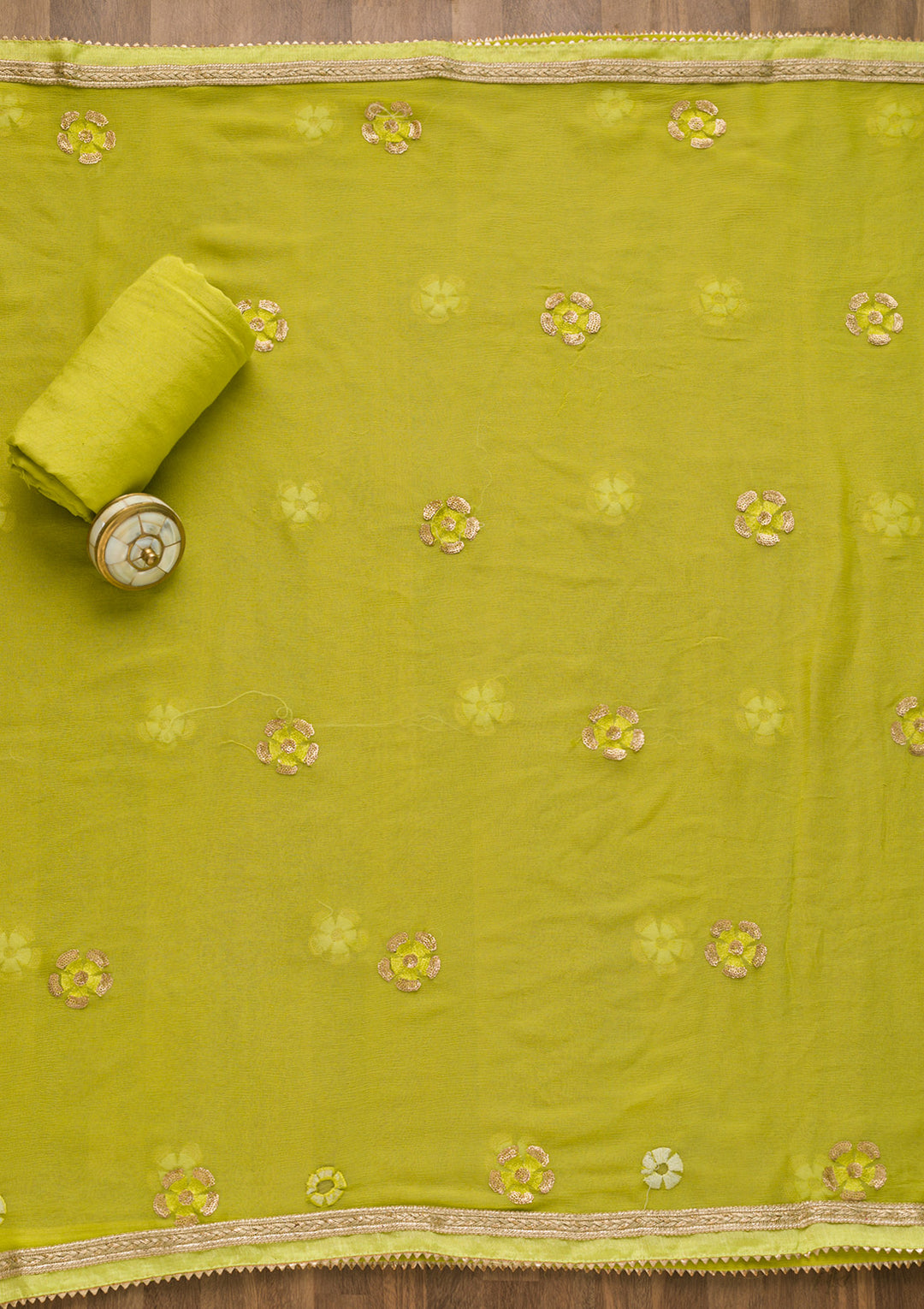Parrot Green Gotapatti Georgette Unstitched Salwar Suit-Koskii
