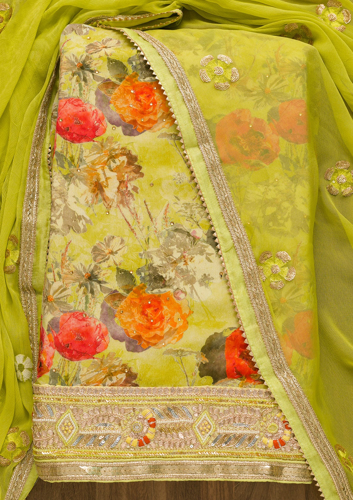 Parrot Green Gotapatti Georgette Unstitched Salwar Suit-Koskii