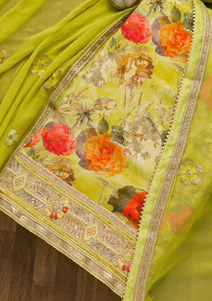 Parrot Green Gotapatti Georgette Unstitched Salwar Suit-Koskii