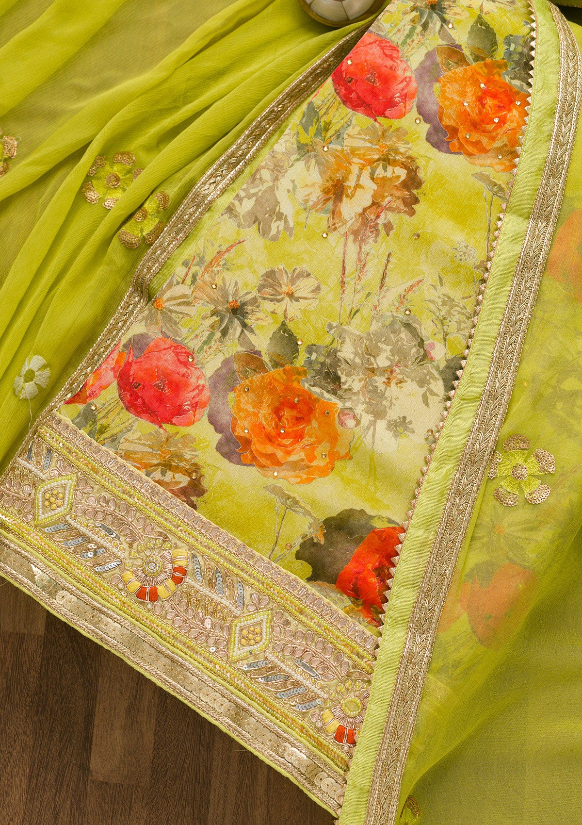 Parrot Green Gotapatti Georgette Unstitched Salwar Suit-Koskii