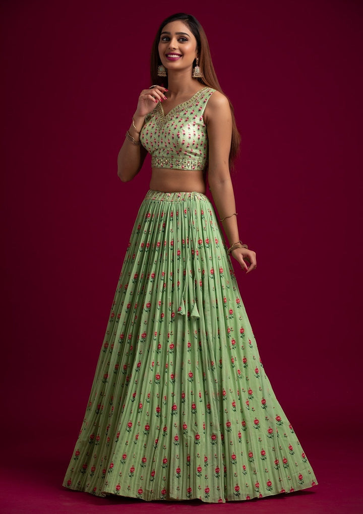 Parrot Green Mirrorwork Georgette Designer Lehenga - koskii