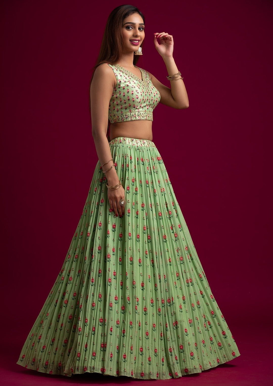 Parrot Green Mirrorwork Georgette Designer Lehenga - koskii